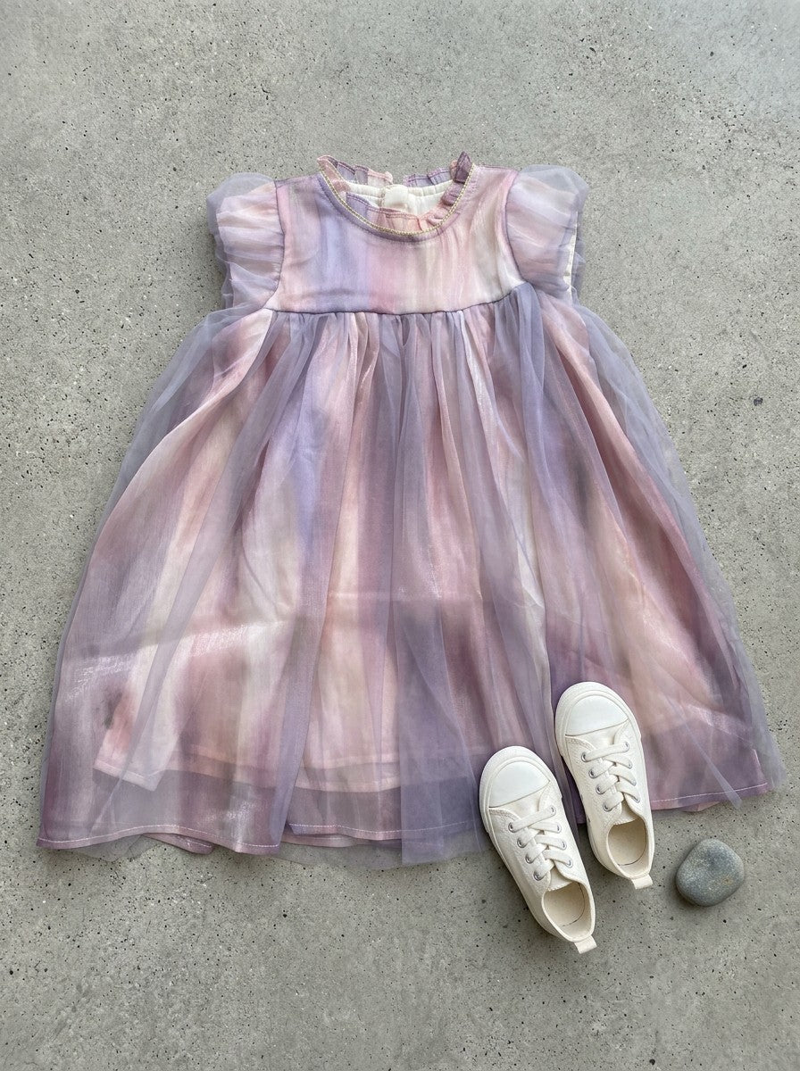 Girls Iridescent Ombre Tulle Flutter Sleeve Party Dress