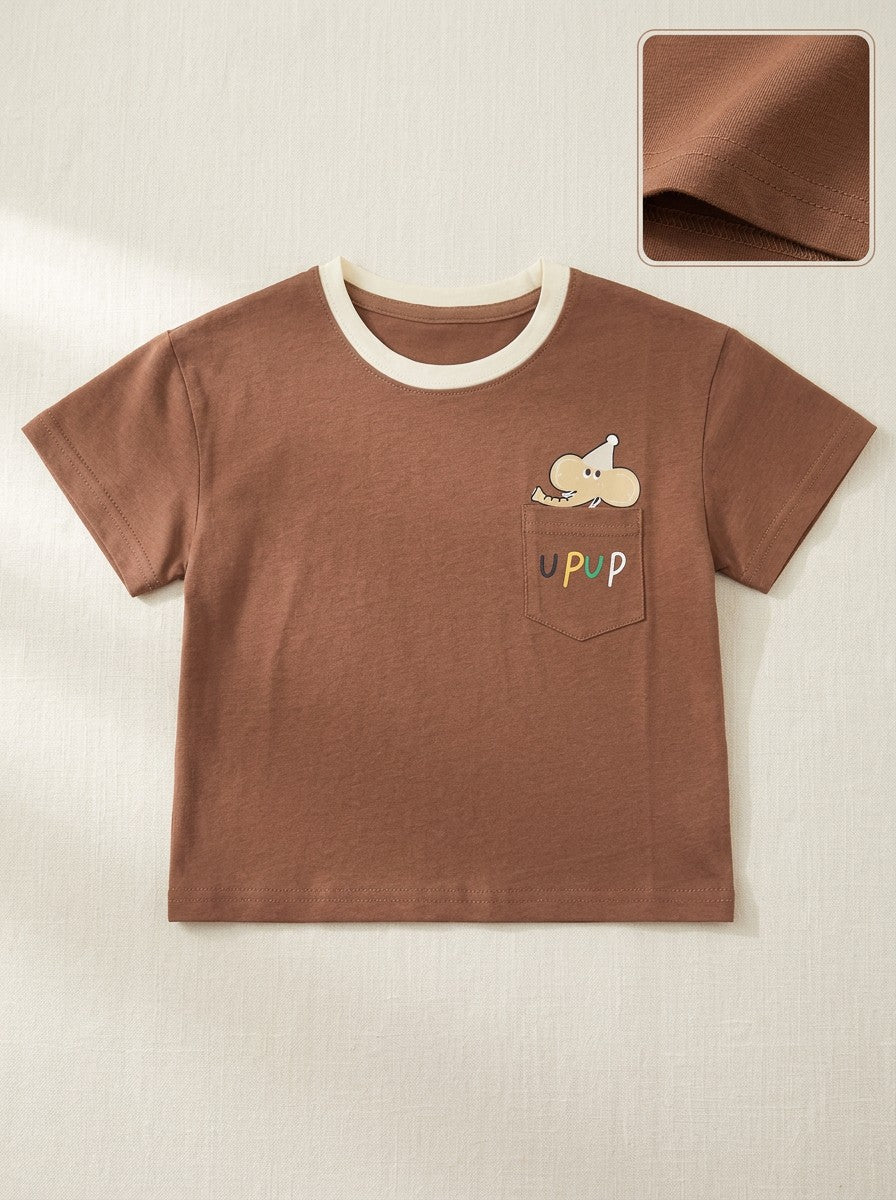 Girls Brown Cartoon Mouse Pocket Short Sleeve T-Shirt