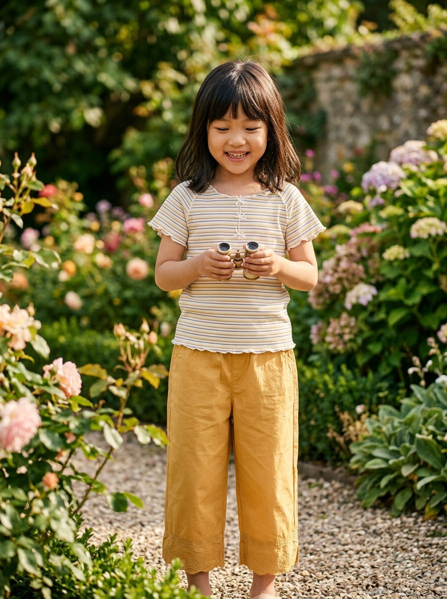 Girls Striped Top & Yellow Lace Wide-Leg Pants Set