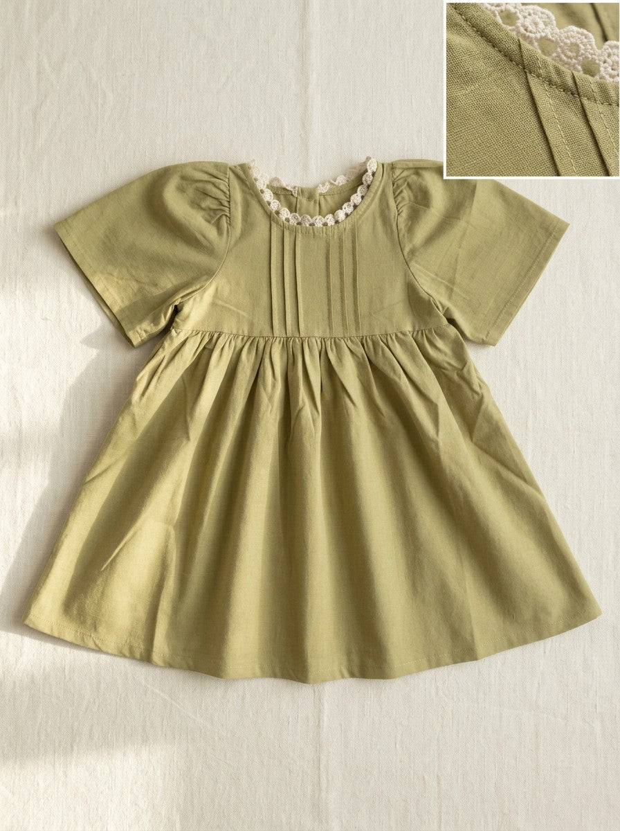 Girls Sage Green Lace Collar Pintuck Puff Sleeve Dress