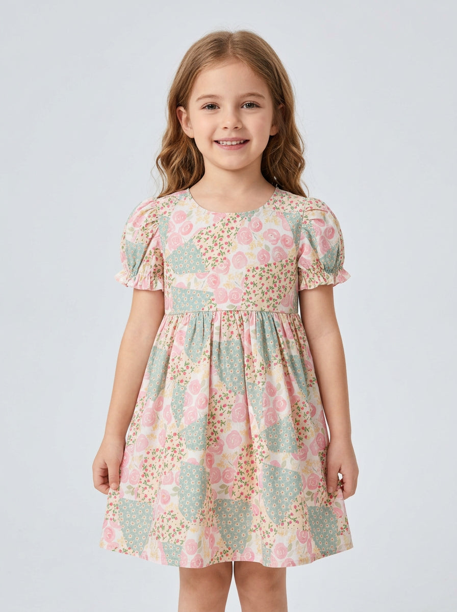 Girls Vintage Patchwork Floral Puff Sleeve A-Line Dress