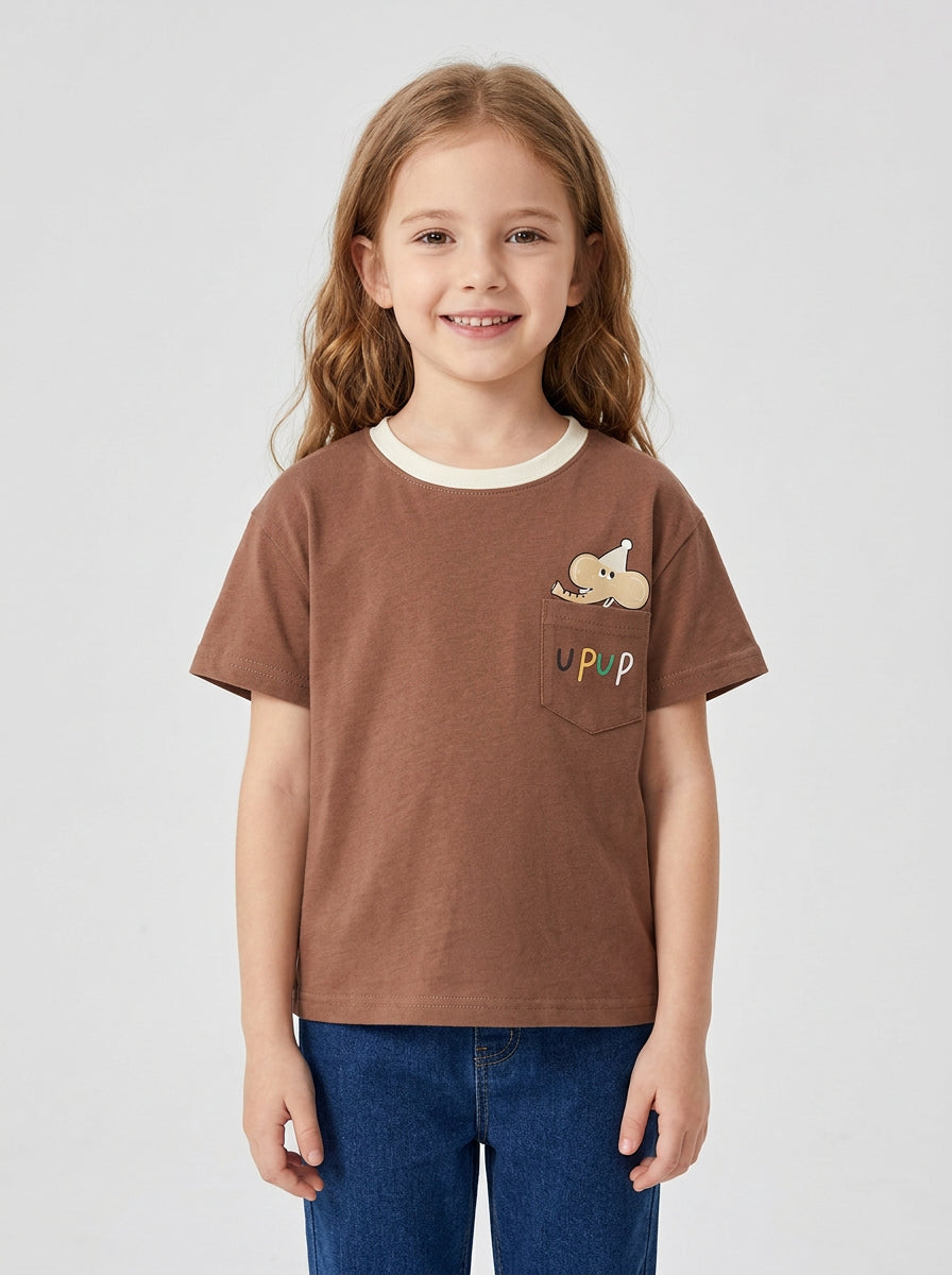 Girls Brown Cartoon Mouse Pocket Short Sleeve T-Shirt
