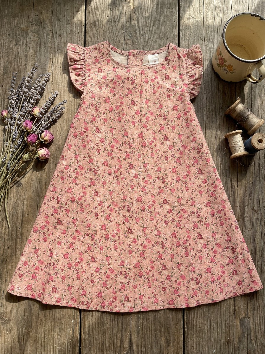 Girls Pink Ditsy Floral Flutter Sleeve A-Line Dress