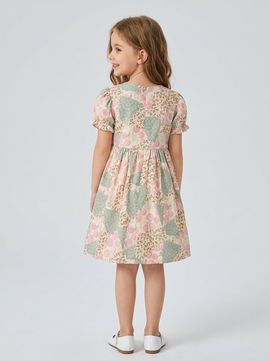 Girls Vintage Patchwork Floral Puff Sleeve A-Line Dress