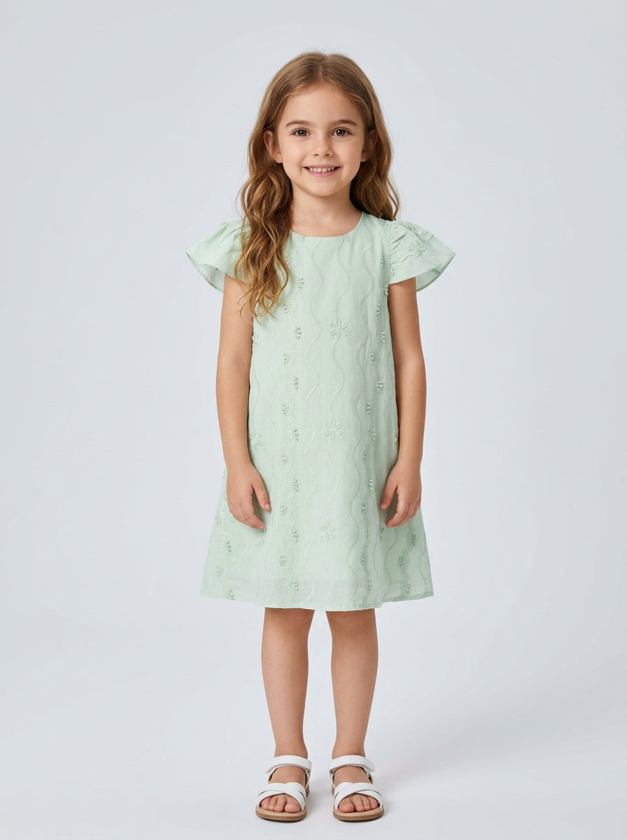 Girls Mint Green Floral Embroidered Flutter Sleeve Tulle Bow Back Dress
