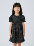 Girls Black Ditsy Floral Puff Sleeve Tiered Dress