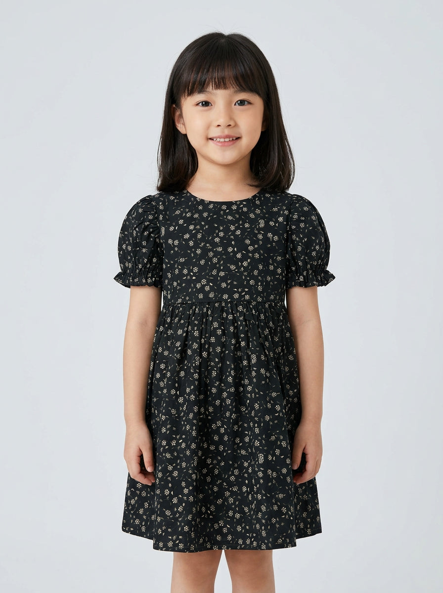 Girls Black Ditsy Floral Puff Sleeve Tiered Dress