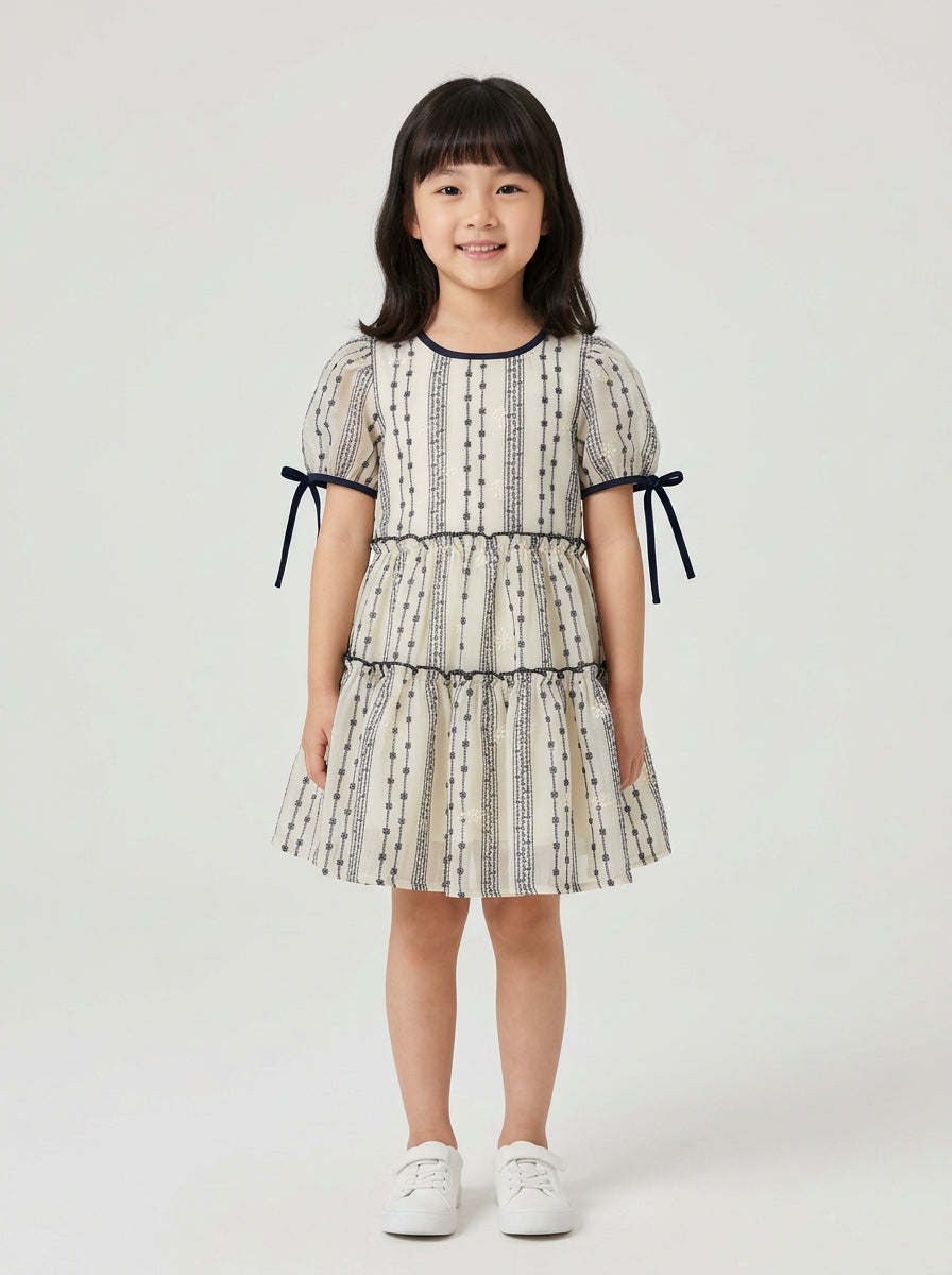 Girls Embroidered Stripe Puff Sleeve Tiered Dress