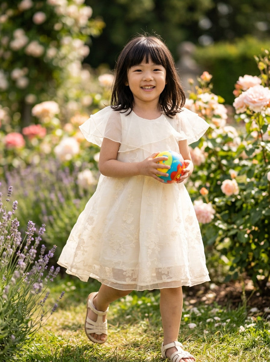 Girls Cream Floral Embroidered Organza Cape Collar Dress