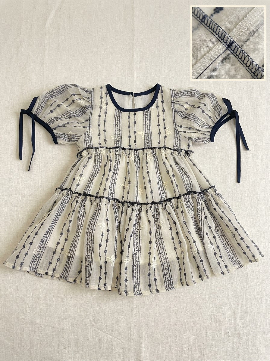 Girls Embroidered Stripe Puff Sleeve Tiered Dress
