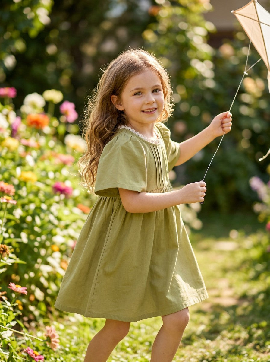 Girls Sage Green Lace Collar Pintuck Puff Sleeve Dress