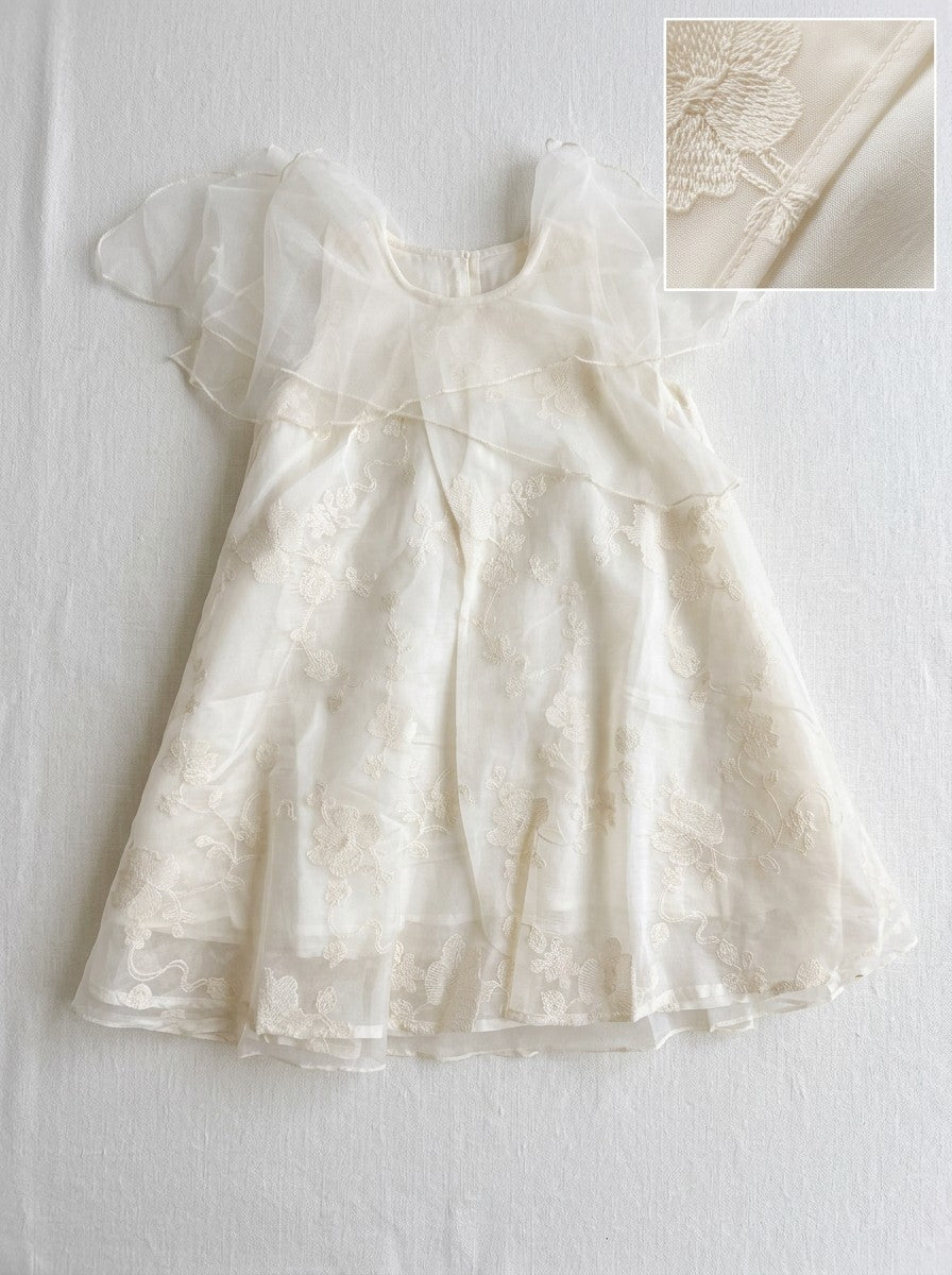Girls Cream Floral Embroidered Organza Cape Collar Dress