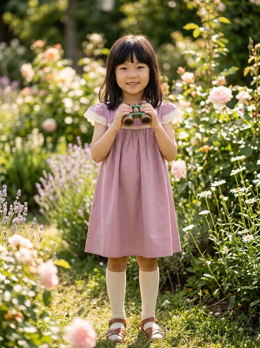 Girls Dusty Pink Square Neck Lace Flutter Sleeve Gathered Dress