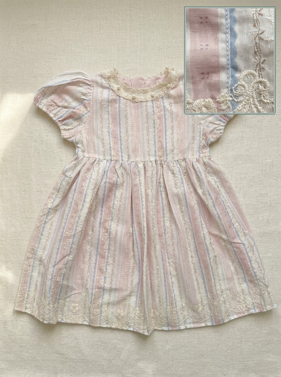 Girls Pastel Stripe Embroidered Lace Collar Puff Sleeve Dress