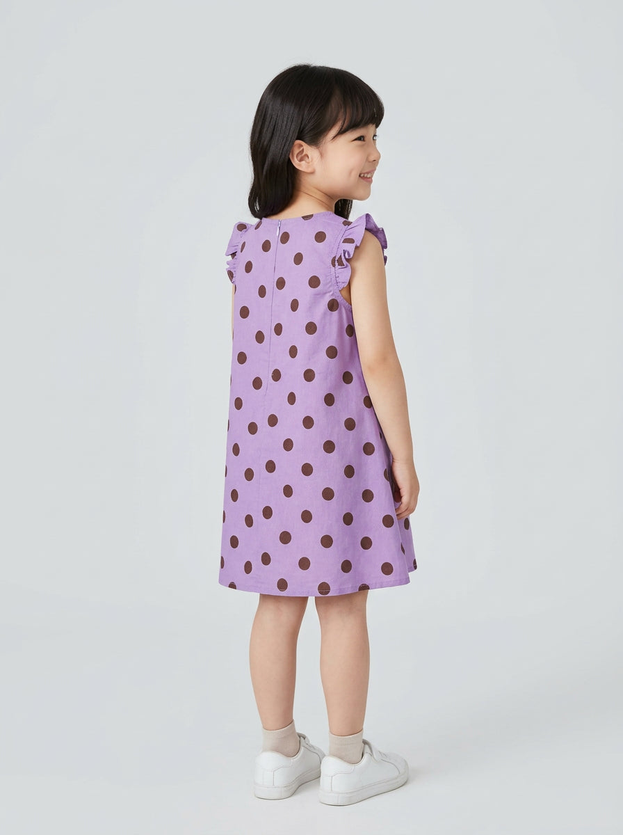 Girls Purple Polka Dot Flutter Sleeve A-Line Dress