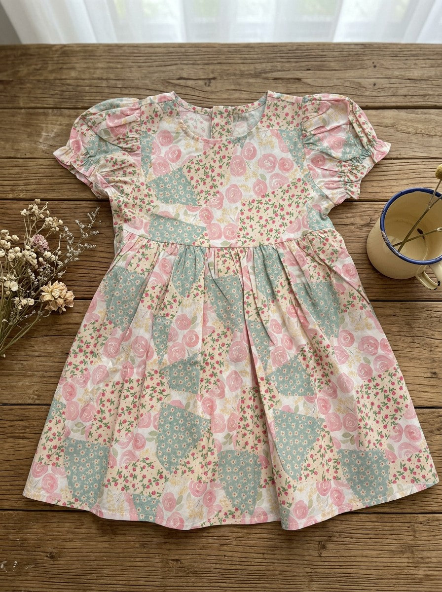 Girls Vintage Patchwork Floral Puff Sleeve A-Line Dress