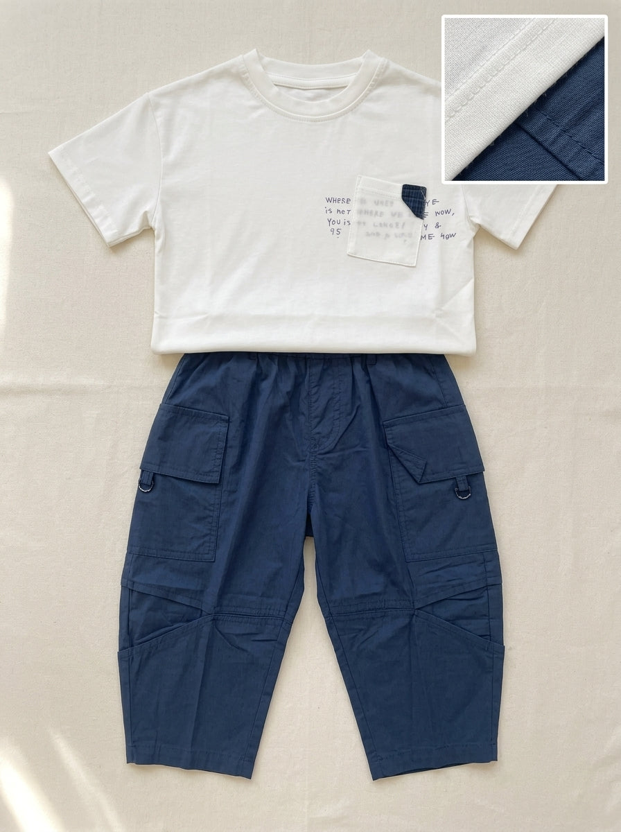 Boys White Letter Print Pocket Tee & Navy Cargo Capri Pants Set