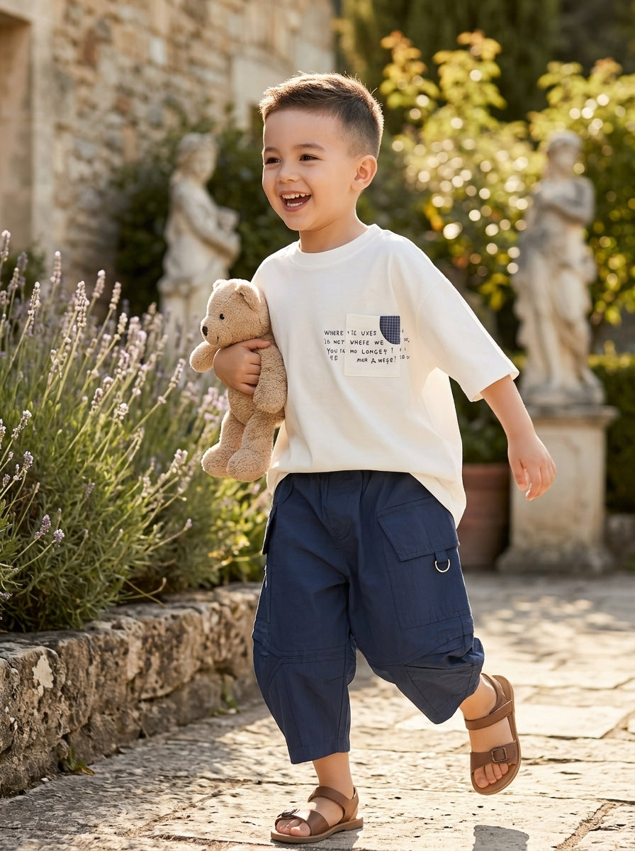 Boys White Letter Print Pocket Tee & Navy Cargo Capri Pants Set