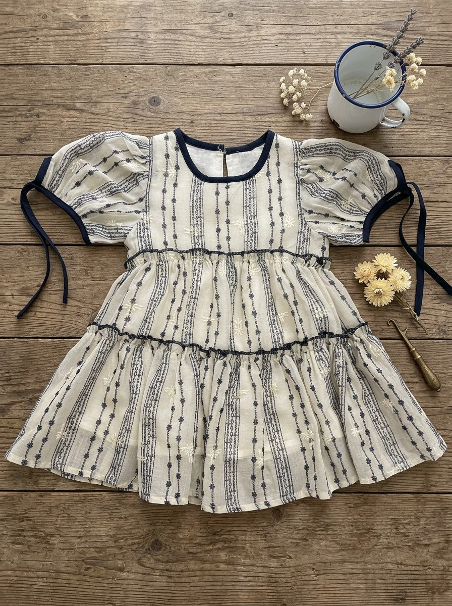 Girls Embroidered Stripe Puff Sleeve Tiered Dress