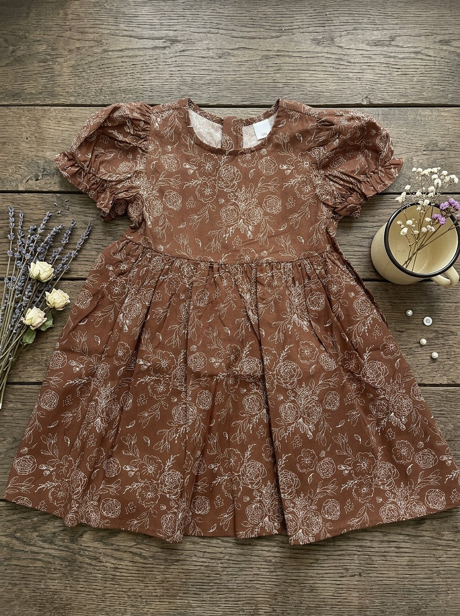 Girls Brown Floral Line Art Puff Sleeve Gathered Dress