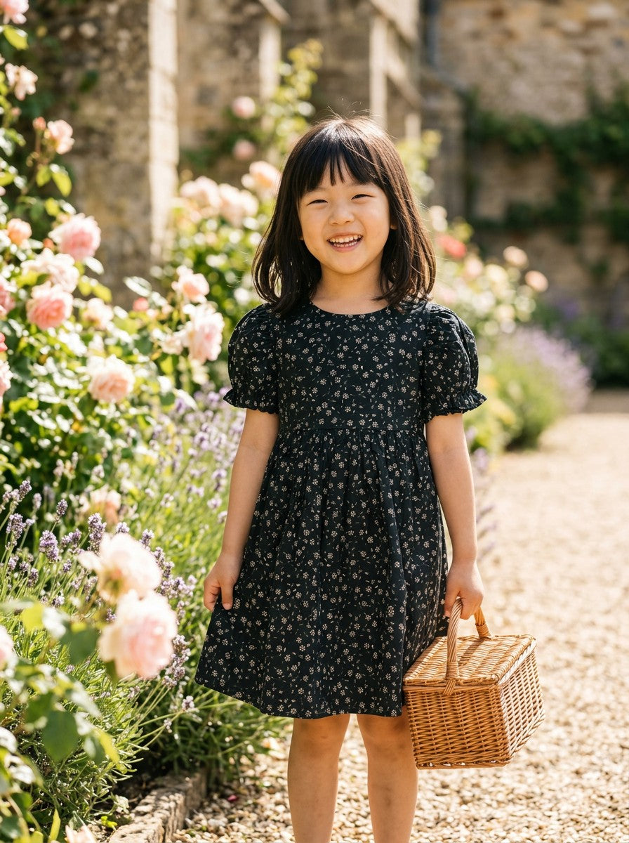 Girls Black Ditsy Floral Puff Sleeve Tiered Dress