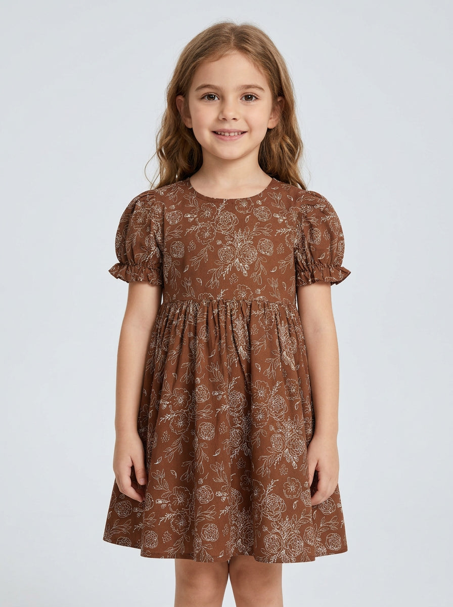 Girls Brown Floral Line Art Puff Sleeve Gathered Dress