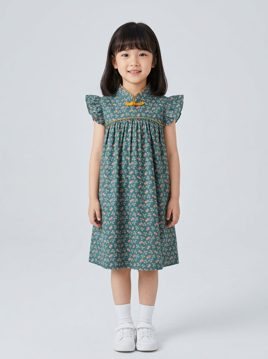 Girls Floral Cheongsam-Style Flutter Sleeve Dress