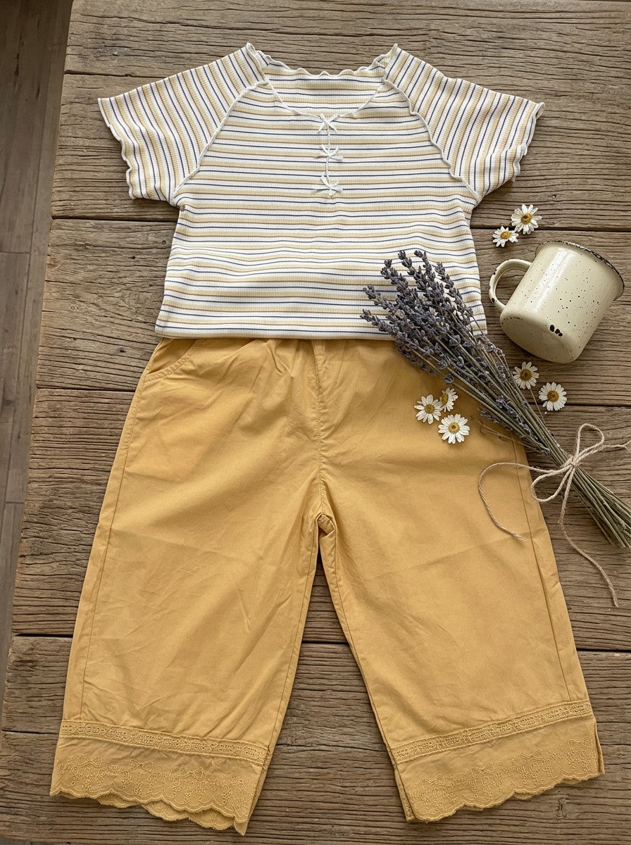 Girls Striped Top & Yellow Lace Wide-Leg Pants Set