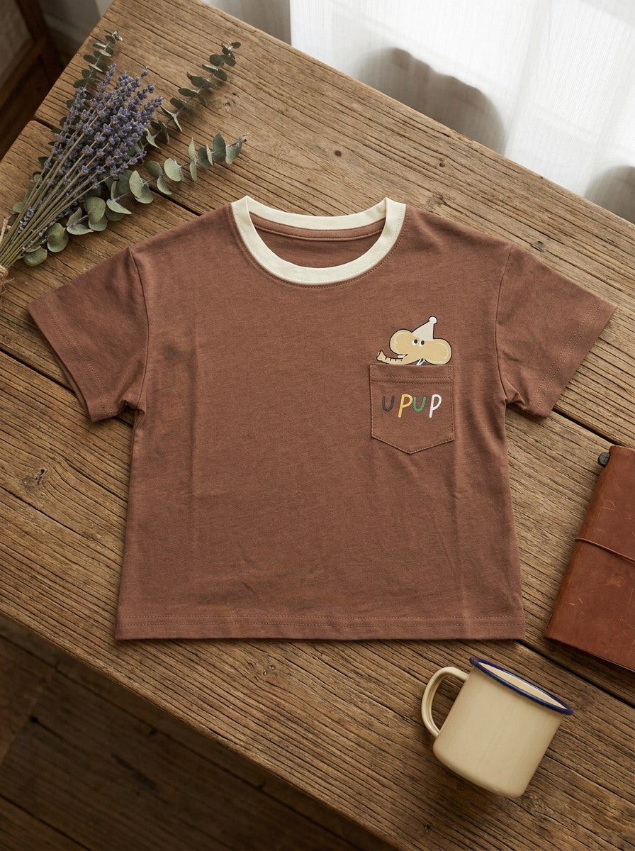 Girls Brown Cartoon Mouse Pocket Short Sleeve T-Shirt