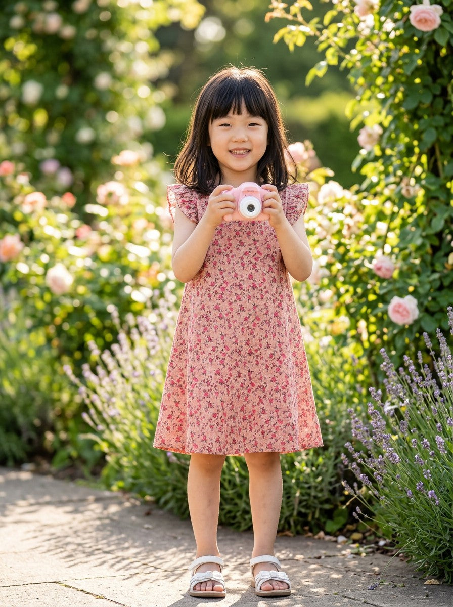 Girls Pink Ditsy Floral Flutter Sleeve A-Line Dress