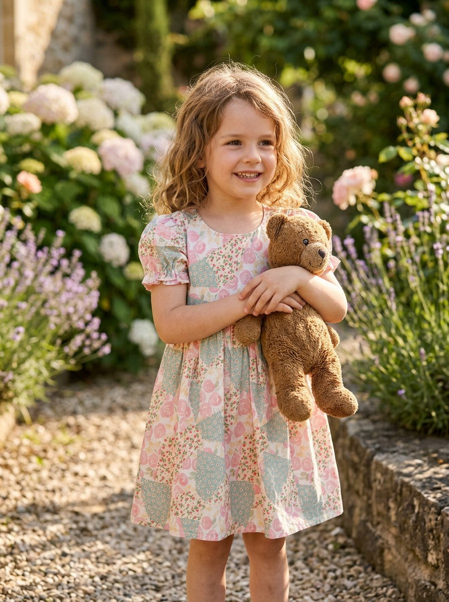 Girls Vintage Patchwork Floral Puff Sleeve A-Line Dress