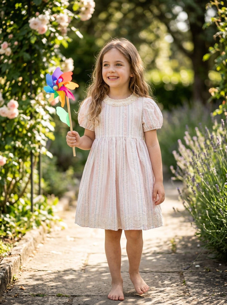 Girls Pastel Stripe Embroidered Lace Collar Puff Sleeve Dress