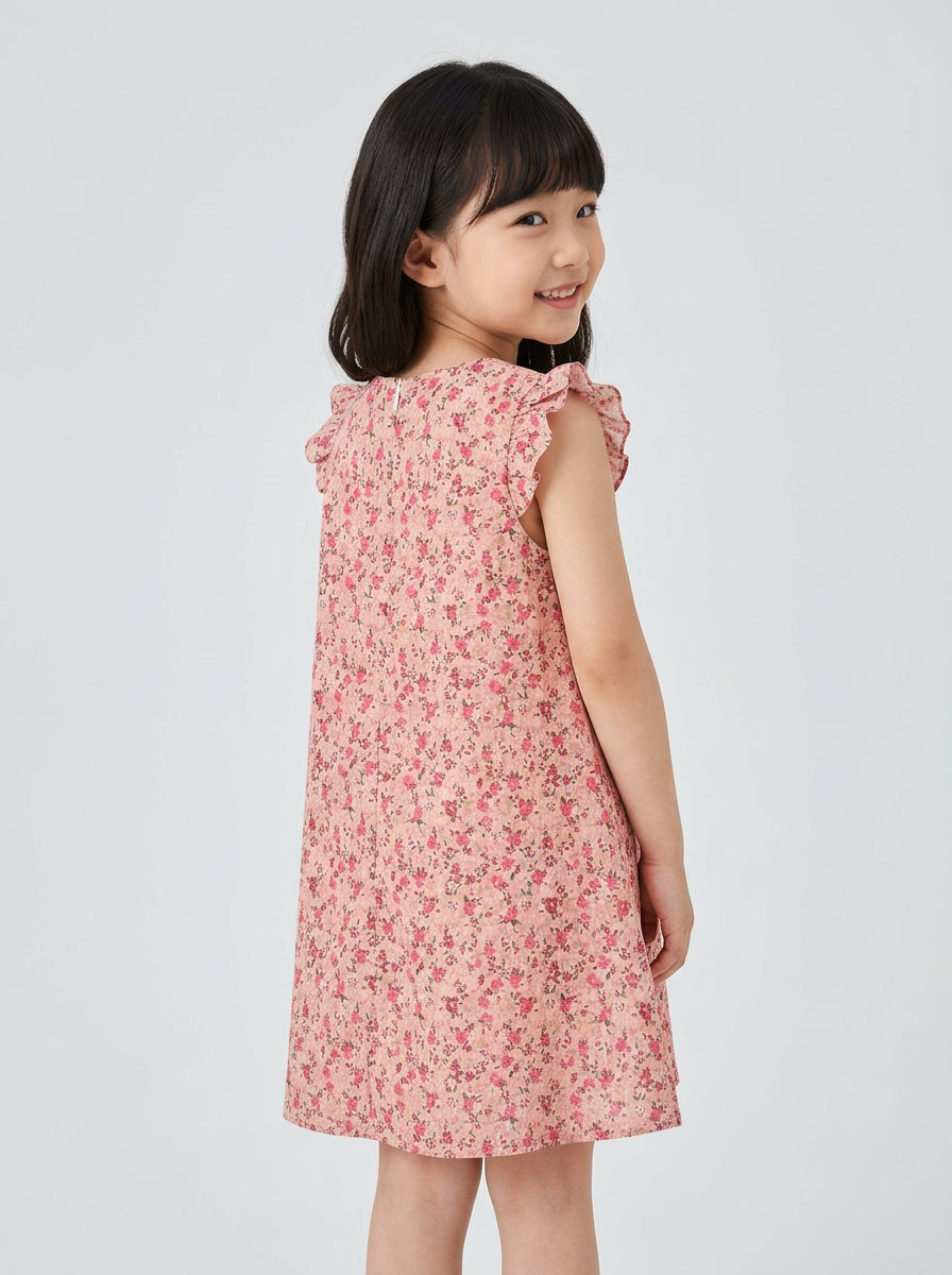 Girls Pink Ditsy Floral Flutter Sleeve A-Line Dress