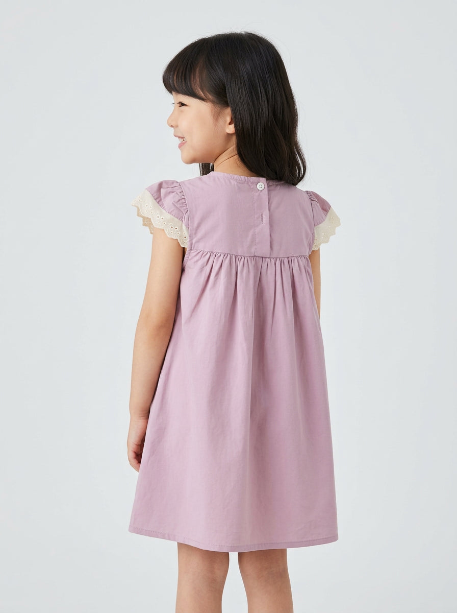 Girls Dusty Pink Square Neck Lace Flutter Sleeve Gathered Dress