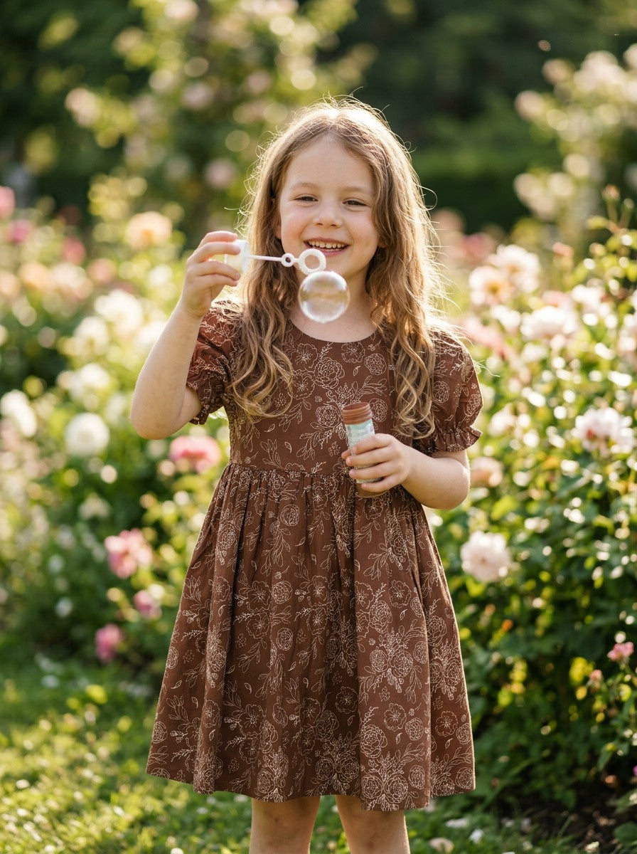Girls Brown Floral Line Art Puff Sleeve Gathered Dress