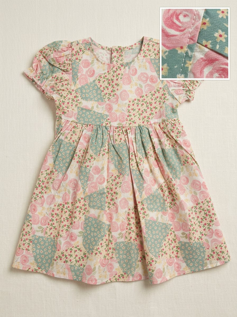 Girls Vintage Patchwork Floral Puff Sleeve A-Line Dress