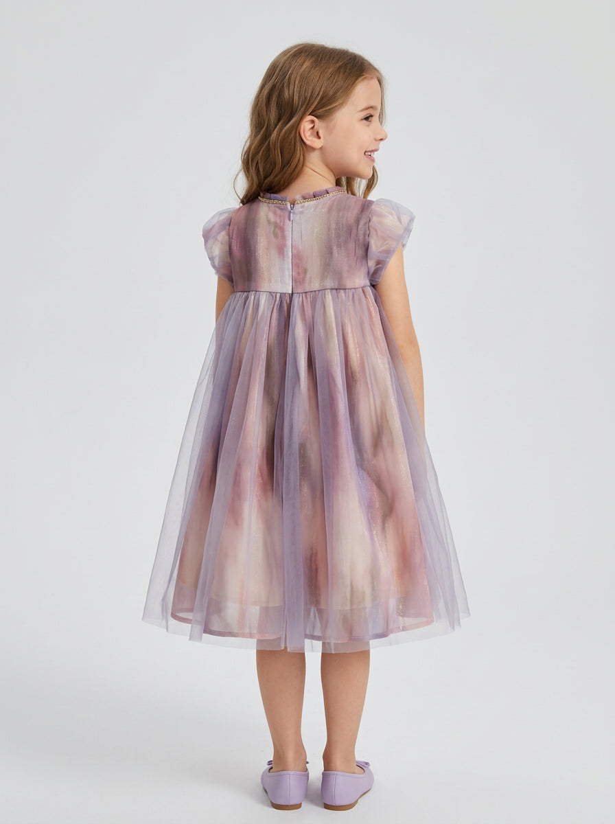 Girls Iridescent Ombre Tulle Flutter Sleeve Party Dress