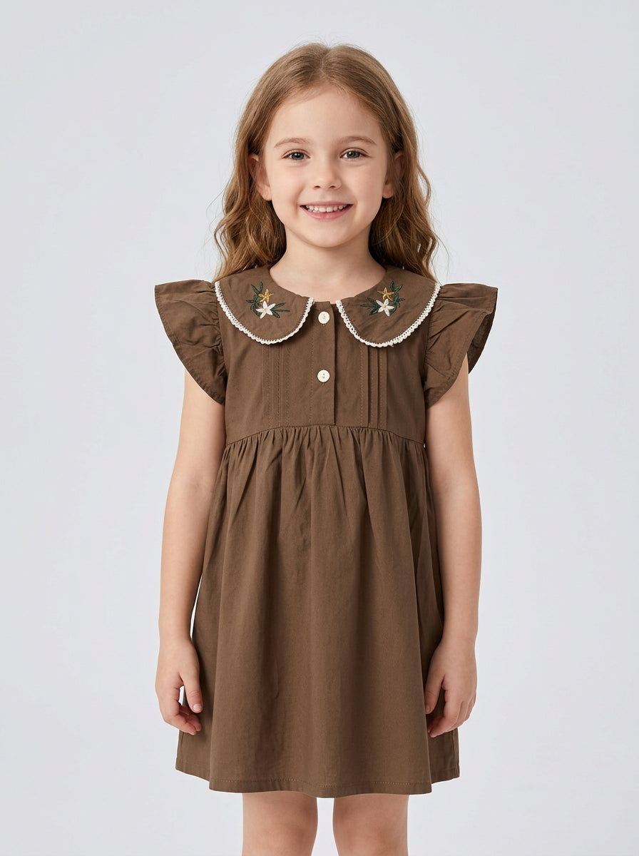 Girls Embroidered Peter Pan Collar Flutter Sleeve Dress