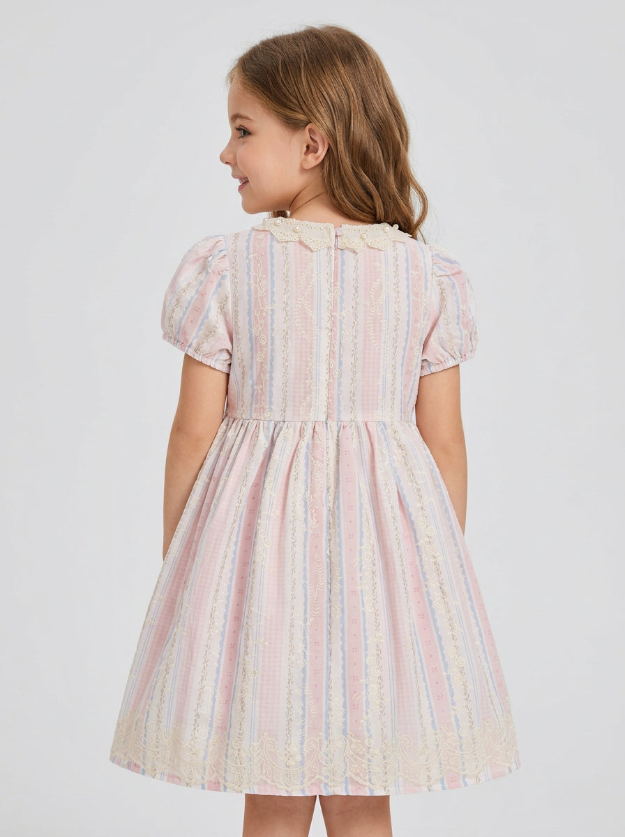 Girls Pastel Stripe Embroidered Lace Collar Puff Sleeve Dress