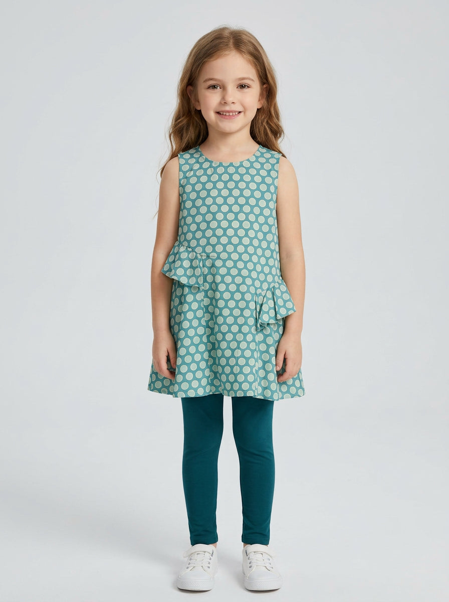 Girls Mint Green Polka Dot Sleeveless Ruffle Dress