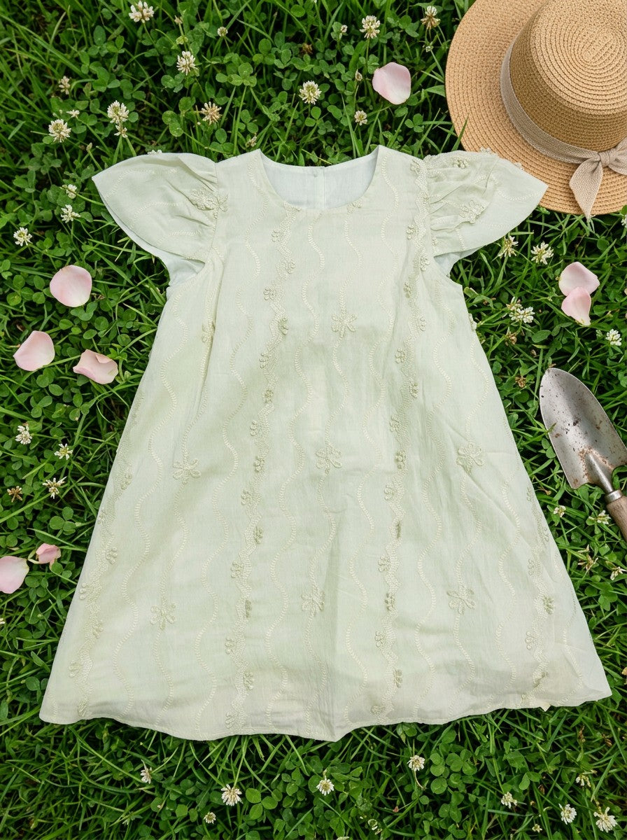 Girls Mint Green Floral Embroidered Flutter Sleeve Tulle Bow Back Dress