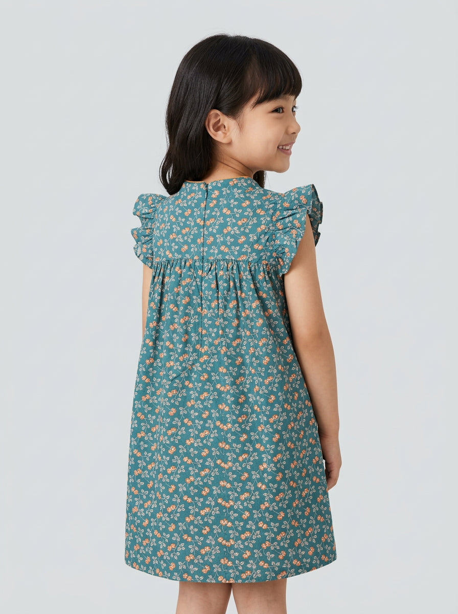 Girls Floral Cheongsam-Style Flutter Sleeve Dress