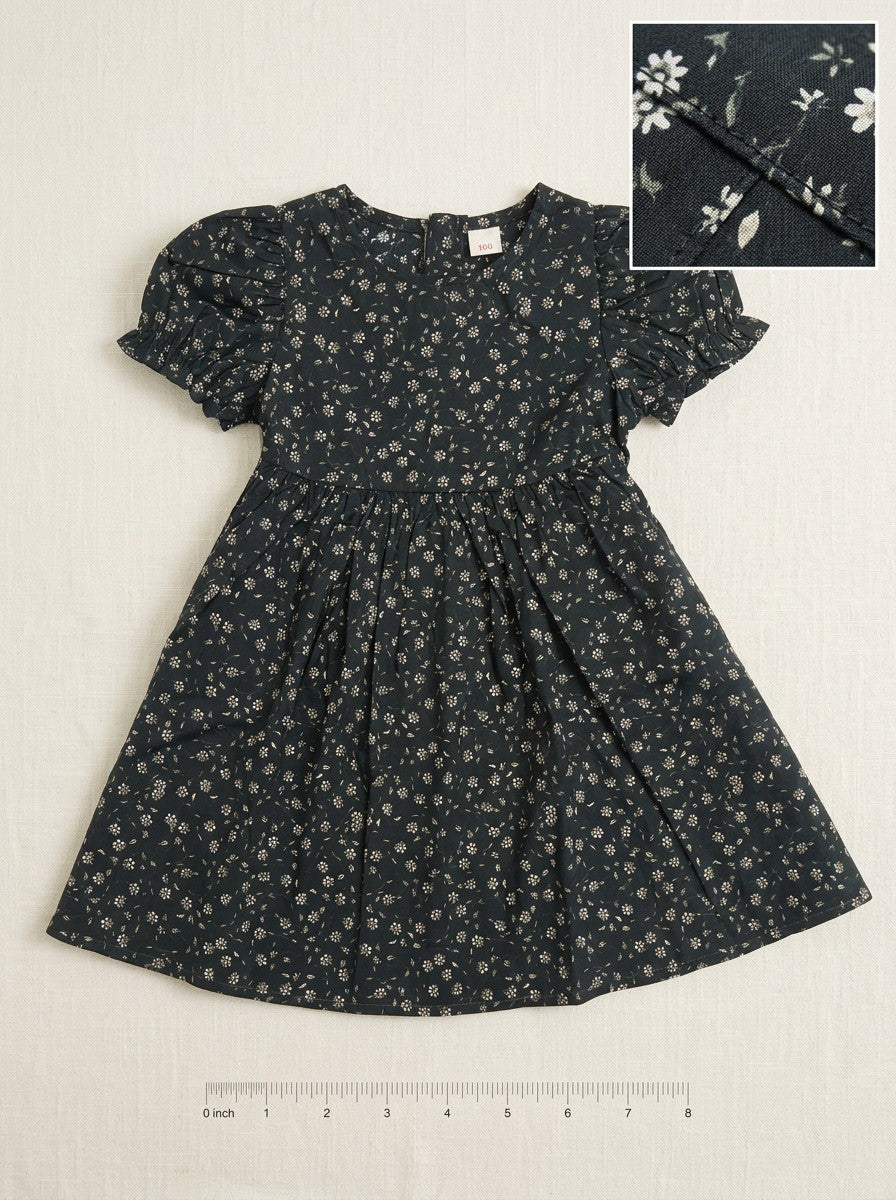 Girls Black Ditsy Floral Puff Sleeve Tiered Dress