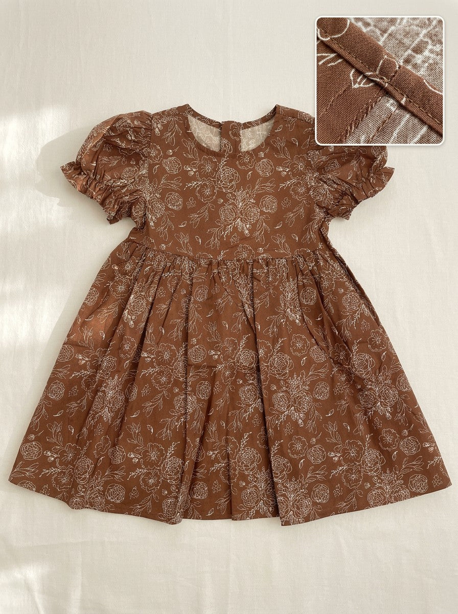 Girls Brown Floral Line Art Puff Sleeve Gathered Dress