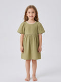 Girls Sage Green Lace Collar Pintuck Puff Sleeve Dress