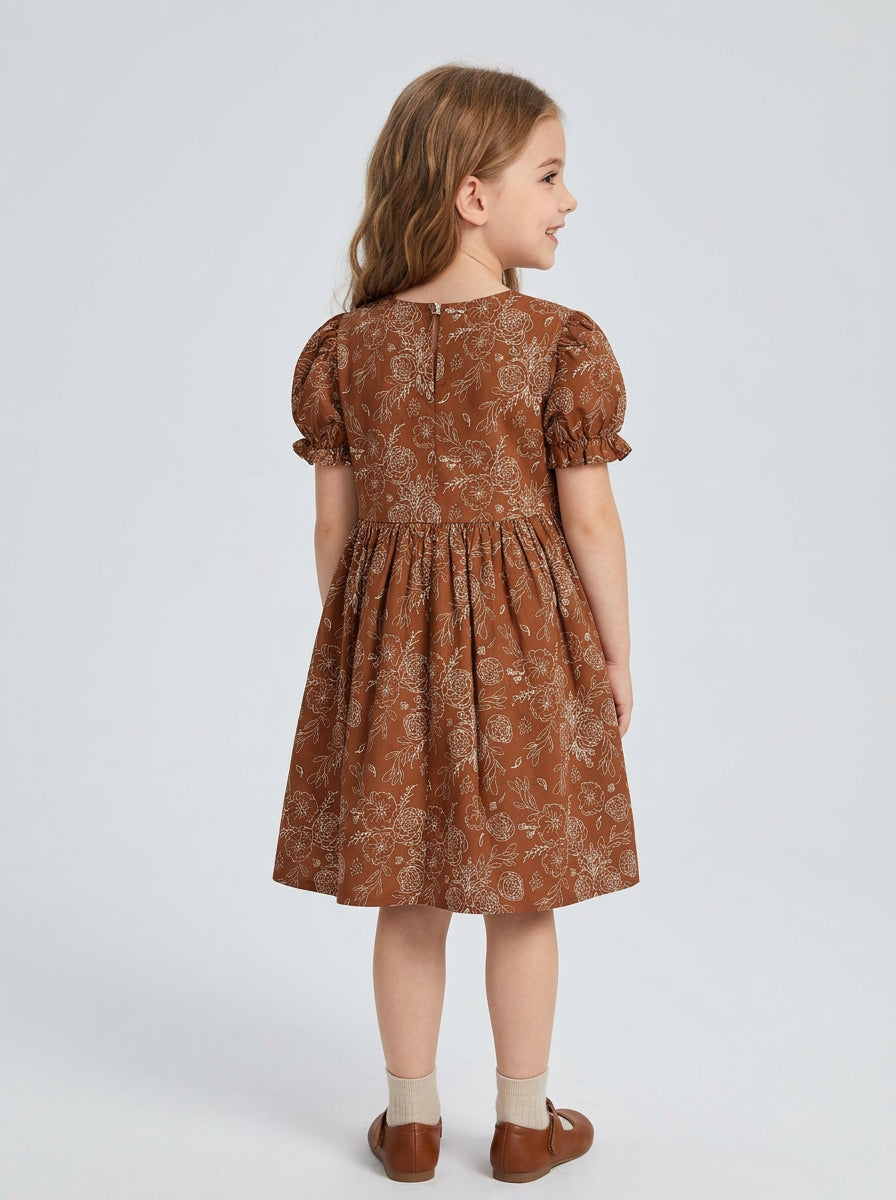 Girls Brown Floral Line Art Puff Sleeve Gathered Dress