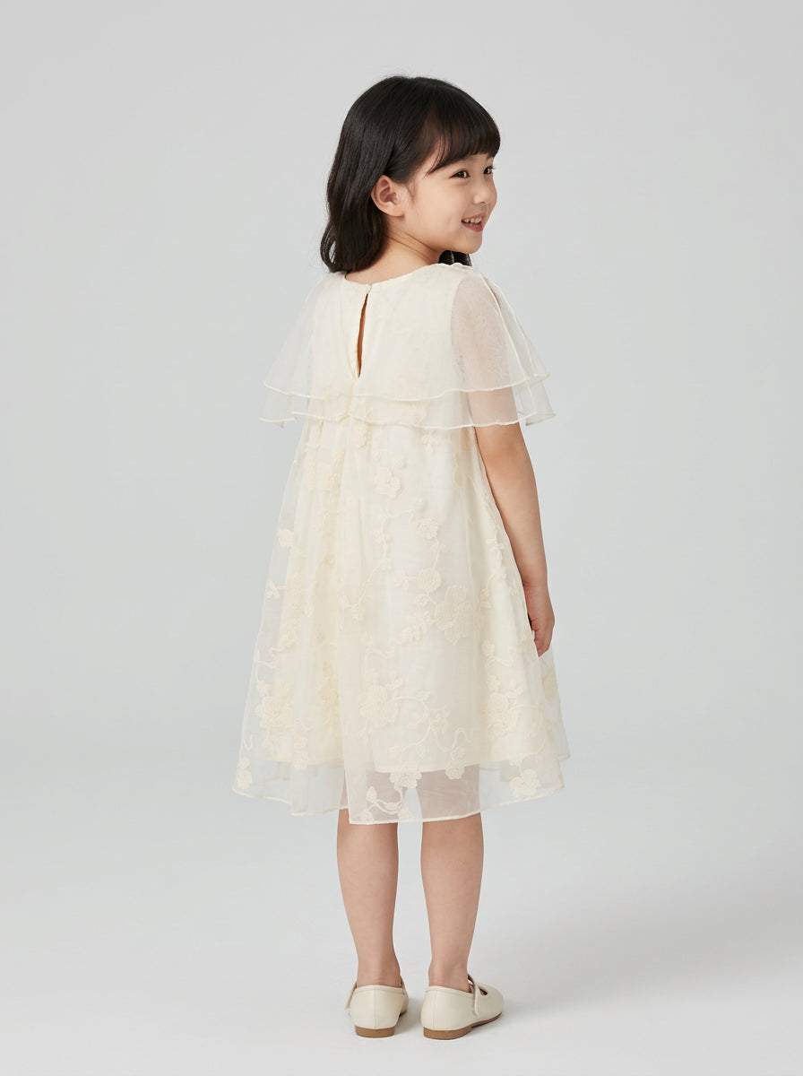 Girls Cream Floral Embroidered Organza Cape Collar Dress