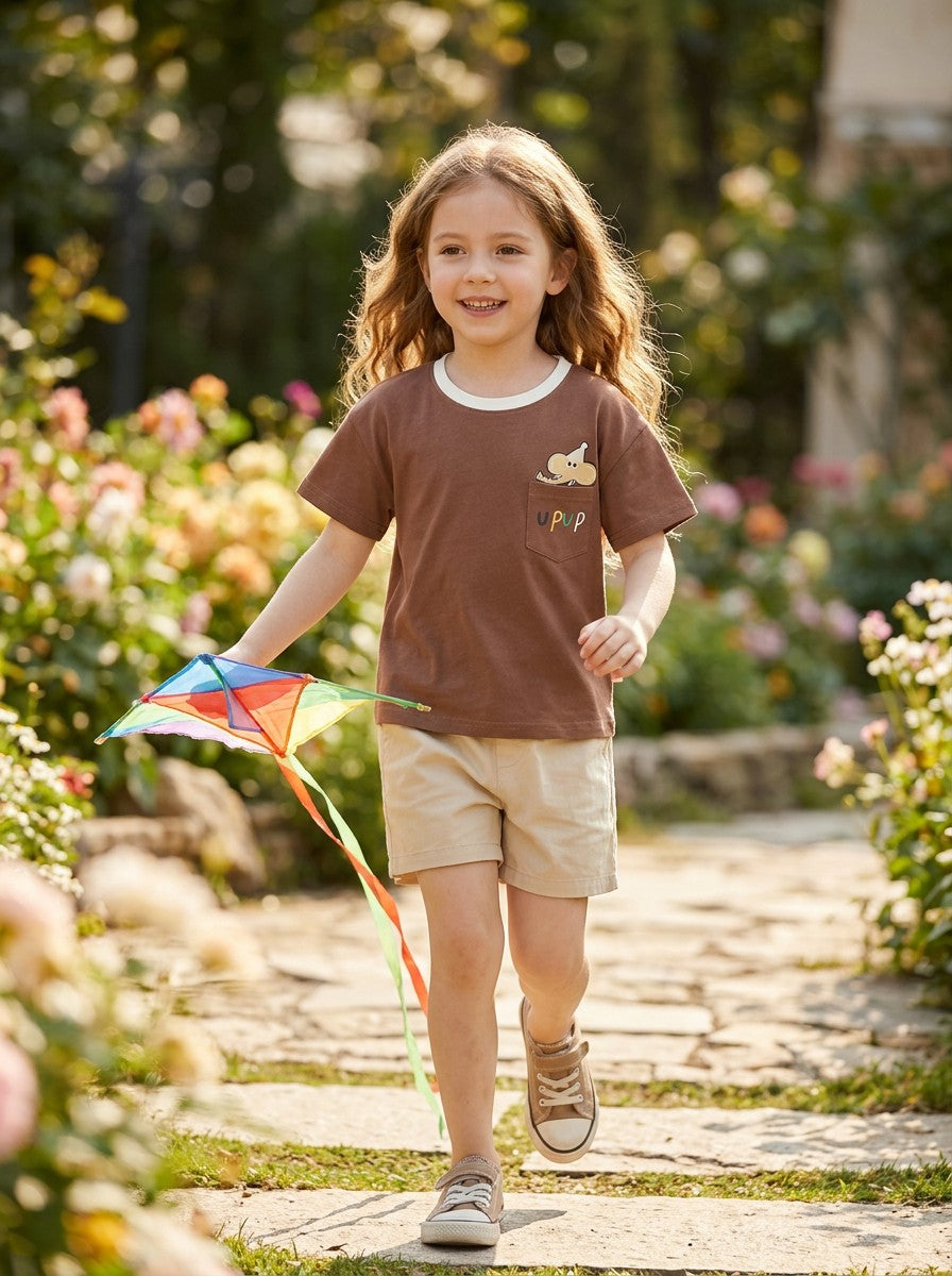 Girls Brown Cartoon Mouse Pocket Short Sleeve T-Shirt