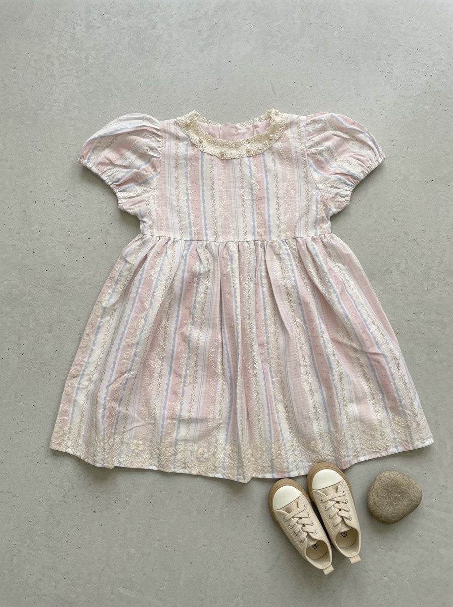 Girls Pastel Stripe Embroidered Lace Collar Puff Sleeve Dress