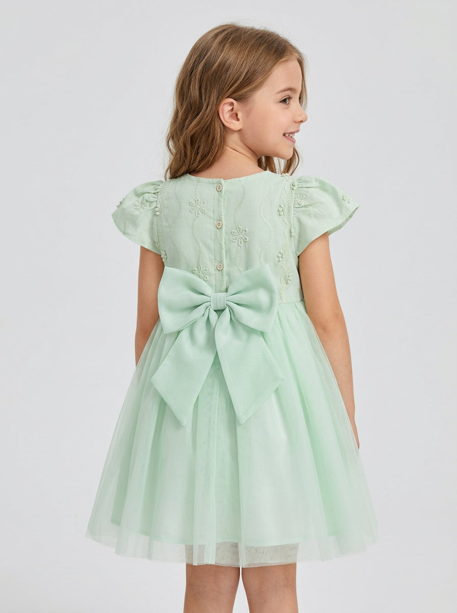 Girls Mint Green Floral Embroidered Flutter Sleeve Tulle Bow Back Dress